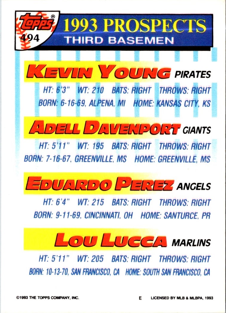 1993 Topps Gold Kevin Young/Adell Davenport/Eduardo Perez/Lou Lucca