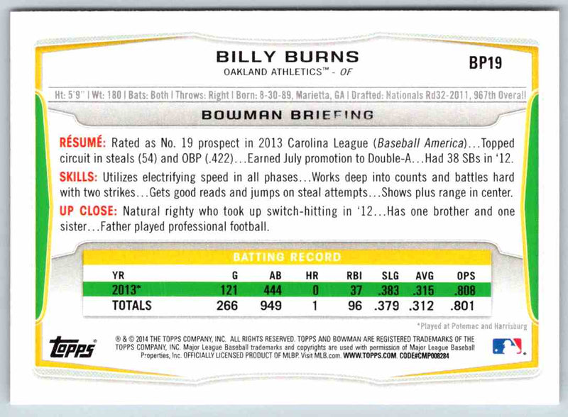 2014 Bowman Billy Burns