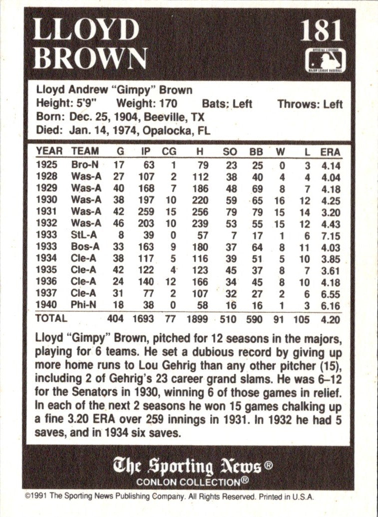 1991 Conlon Collection TSN Lloyd Brown