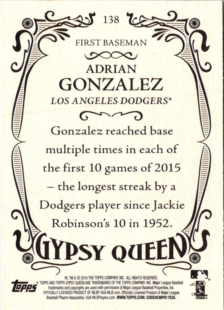 2016 Topps Gypsy Queen Adrian Gonzalez