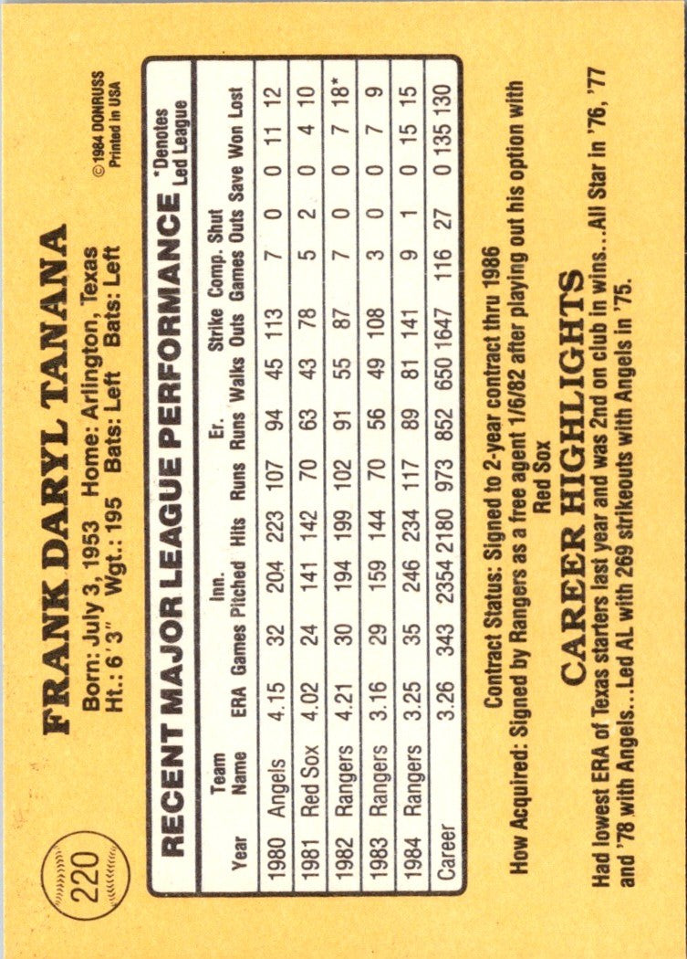 1985 Donruss Frank Tanana