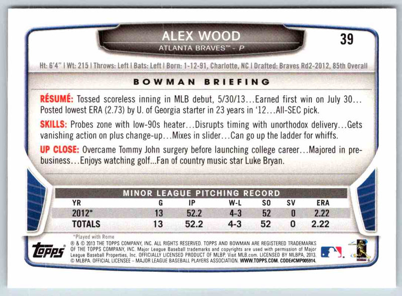 2013 Bowman Alex Wood