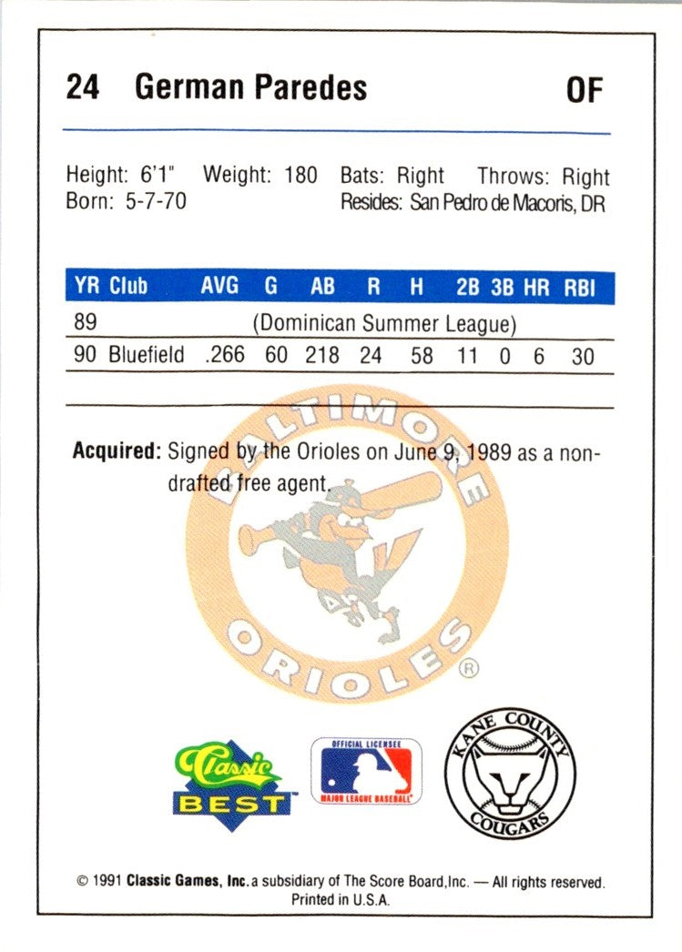 1991 Classic Best Kane County Cougars German Paredes