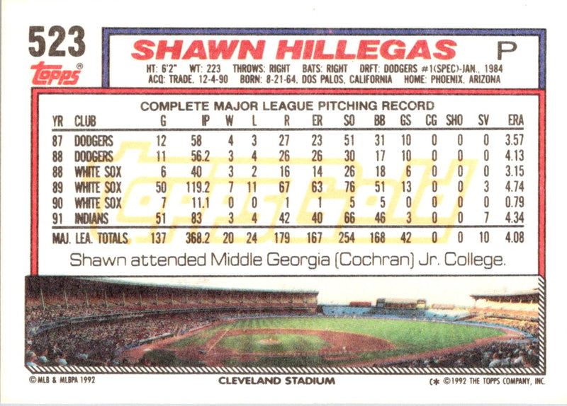 1992 Topps Gold Winners Shawn Hillegas