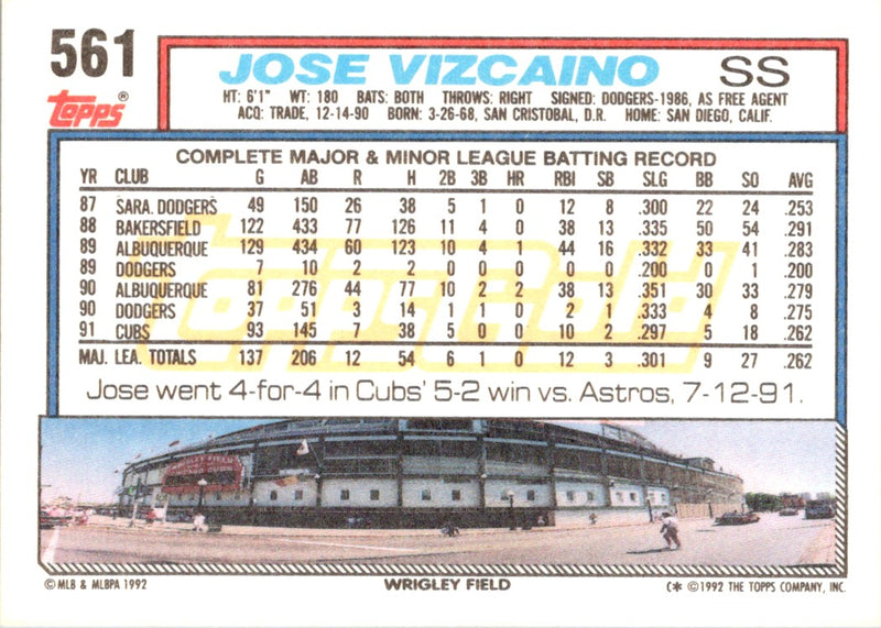 1992 Topps Gold Winners Jose Vizcaino