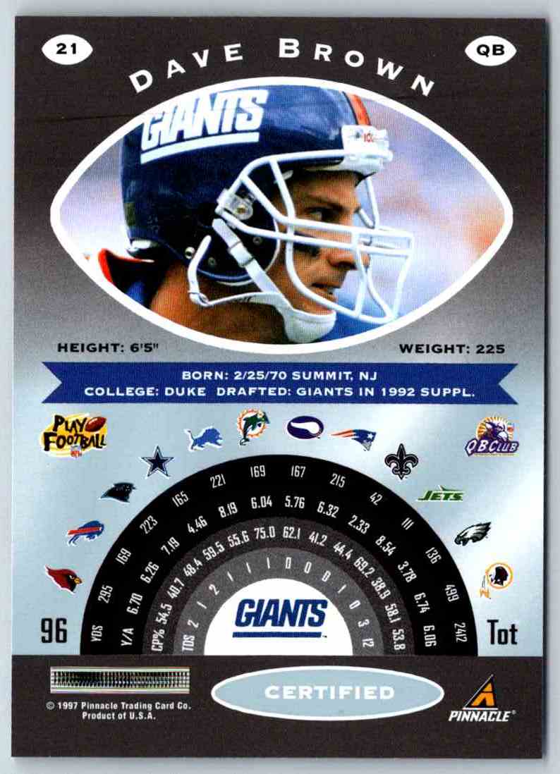 1997 Pinnacle Certified NFL Dave Brown