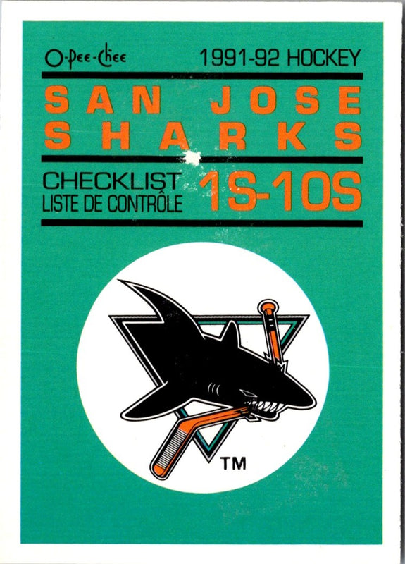 1991 O-Pee-Chee Sharks & Russians Inserts San Jose Sharks Checklist #10S