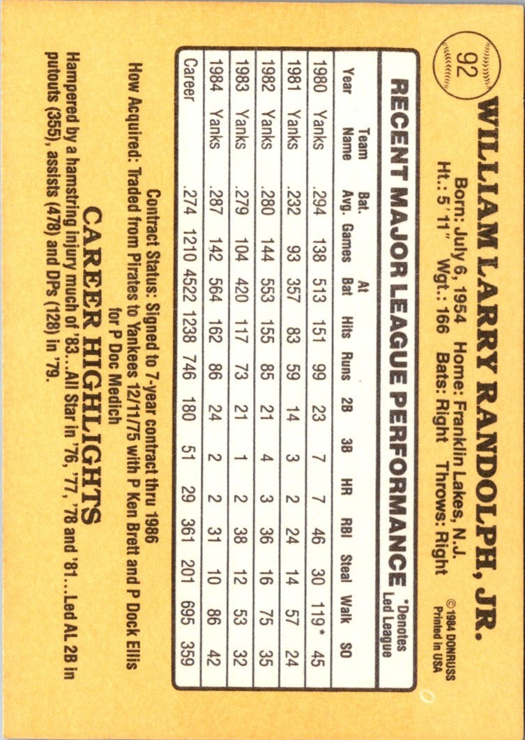 1985 Donruss Willie Randolph