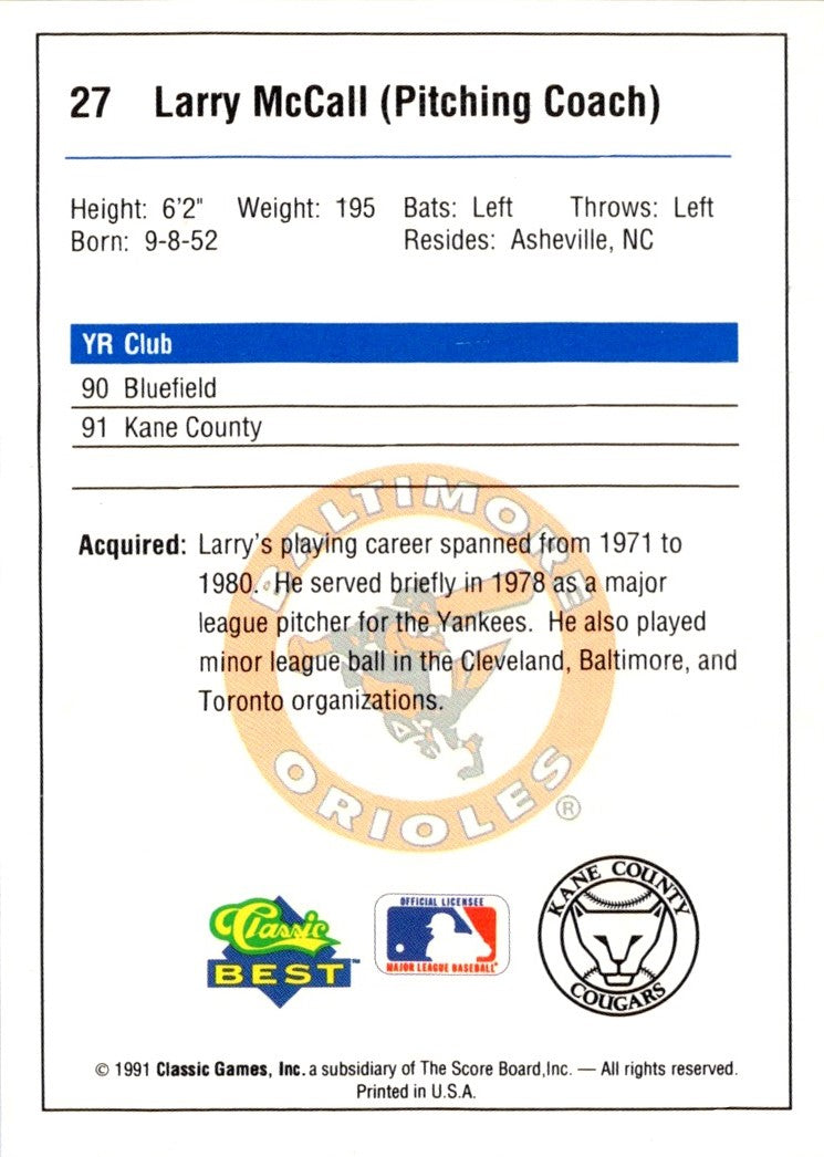 1991 Classic Best Kane County Cougars Larry McCall