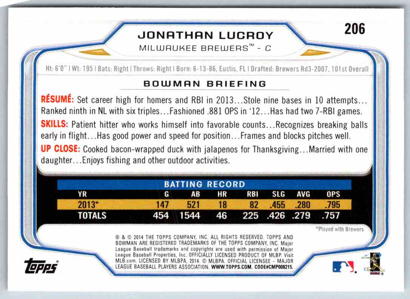 2014 Bowman Jonathan Lucroy