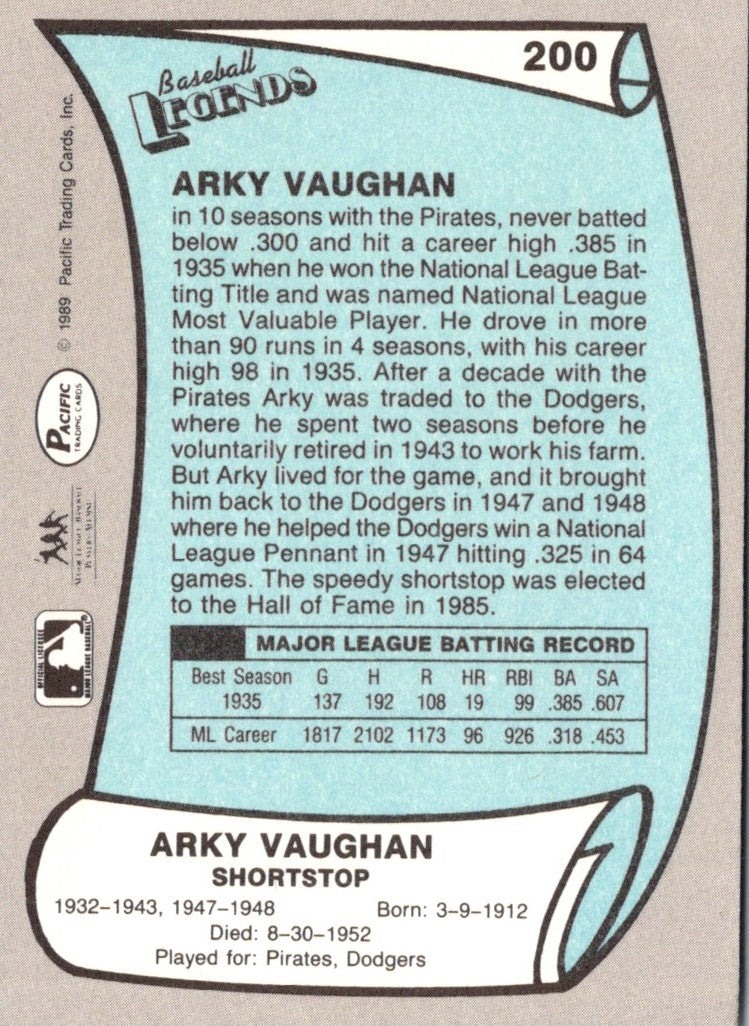 1989 Pacific Legends II Arky Vaughan
