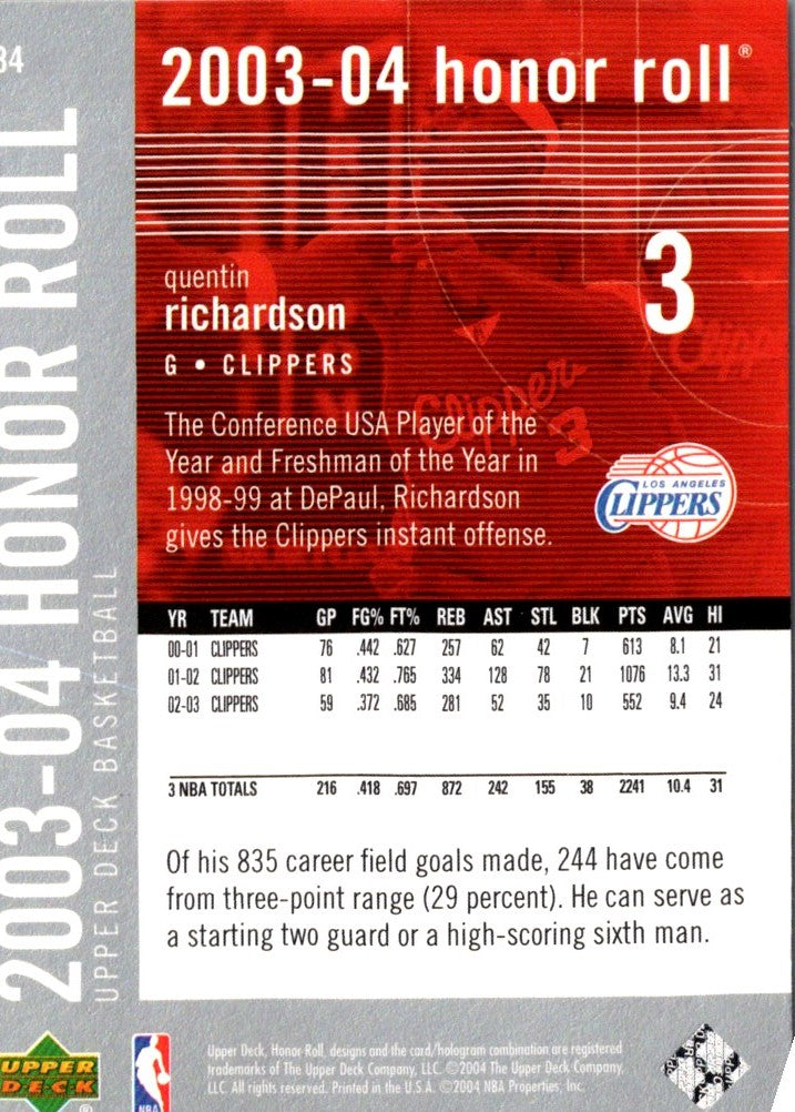 2003 Upper Deck Honor Roll Quentin Richardson