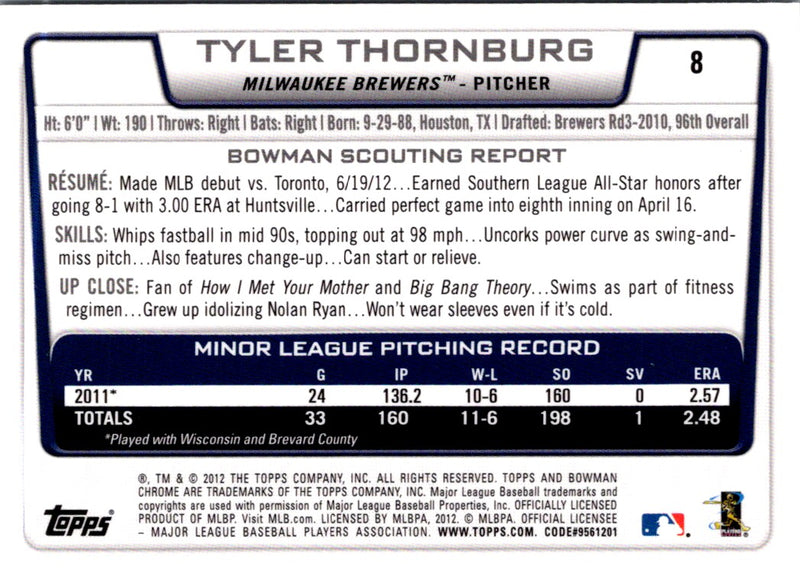 2012 Bowman Draft Picks & Prospects Chrome Tyler Thornburg