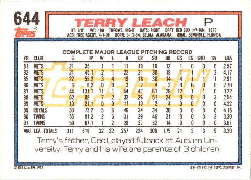 1992 Topps Terry Leach