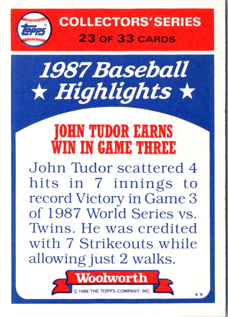 1988 Topps Woolworth Baseball Highlights John Tudor