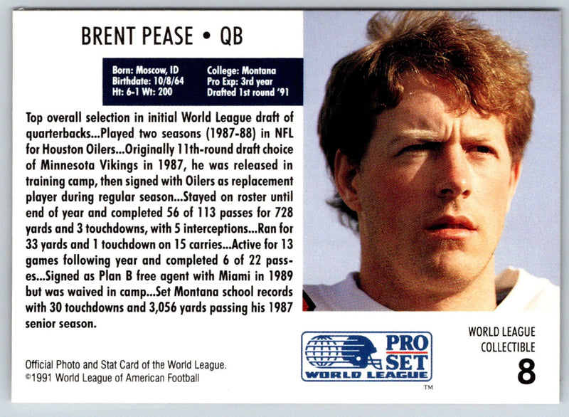 1991 Pro Set WLAF Inserts Brent Pease