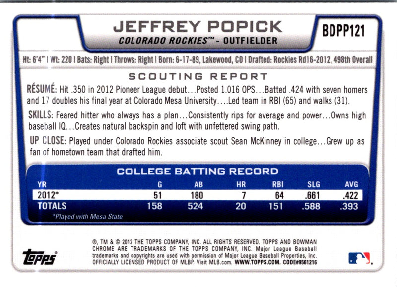 2012 Bowman Draft Picks & Prospects Jeffrey Popick