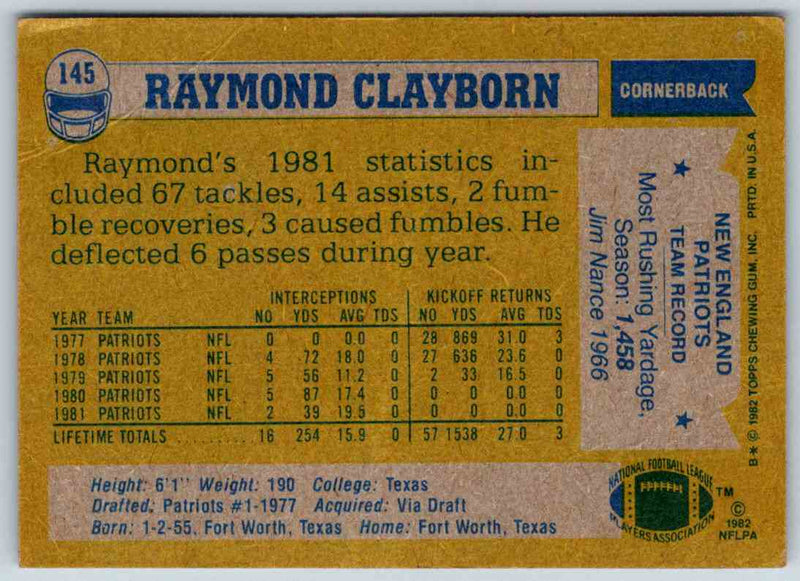 1982 Topps Raymond Clayborn