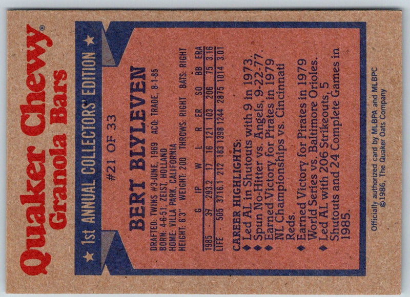 1986 Topps Quaker Granola Bert Blyleven