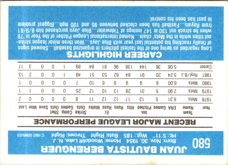 1982 Donruss Juan Berenguer