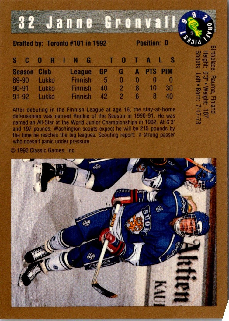 1992 Classic Draft Picks Janne Gronvall