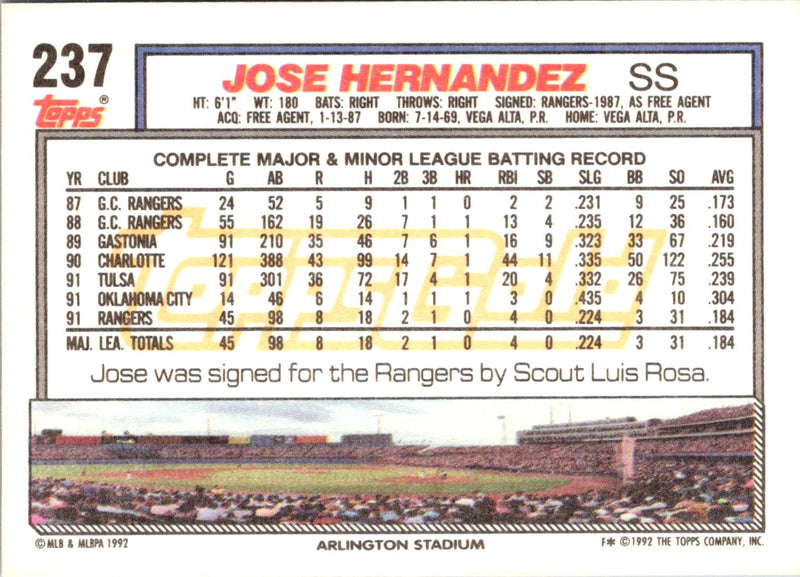 1992 Topps Gold Winners Jose Hernandez