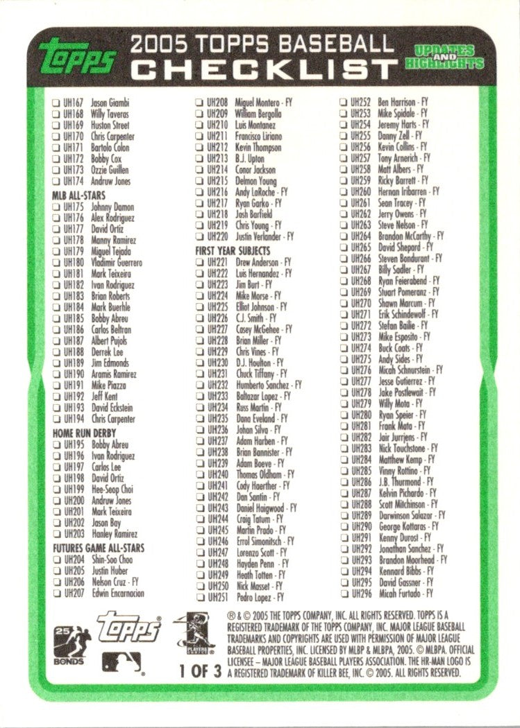 2005 Topps Updates & Highlights Checklists Green Checklist Checklist 1 of 3