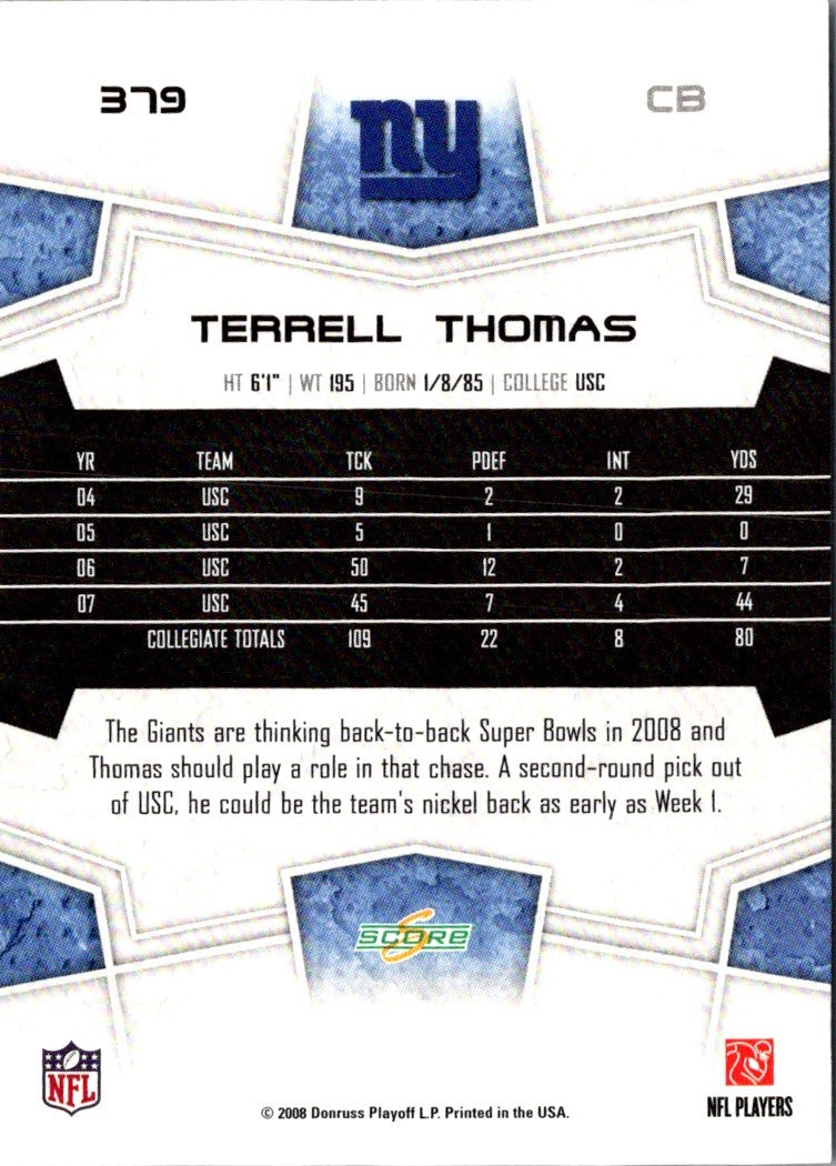 2008 Score Super Bowl XLIII Terrell Thomas