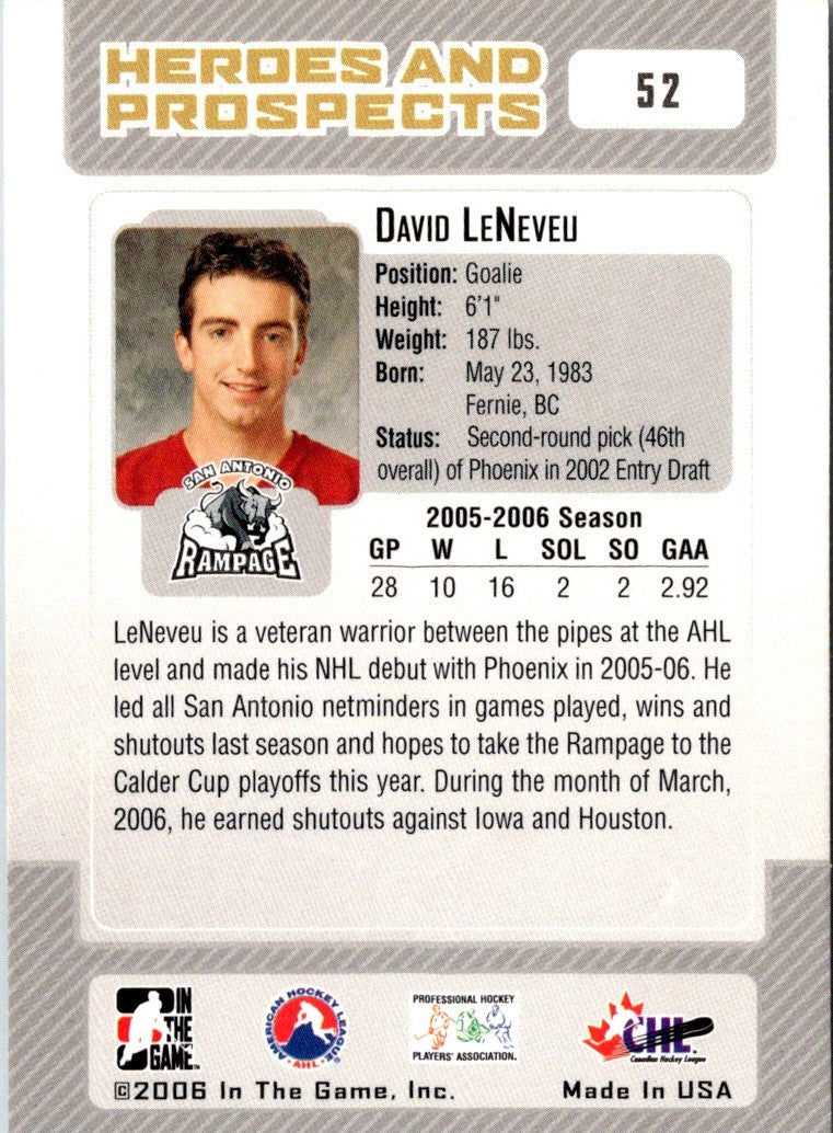 2006 In The Game Heroes and Prospects David LeNeveu
