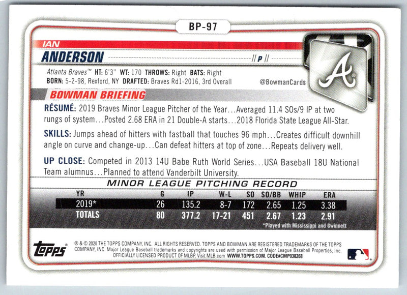 2020 Bowman Prospects Ian Anderson