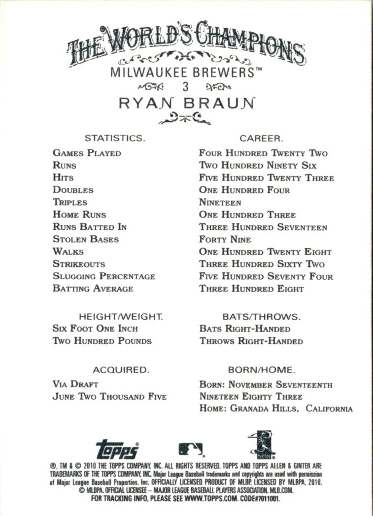 2010 Topps Allen & Ginter Ryan Braun