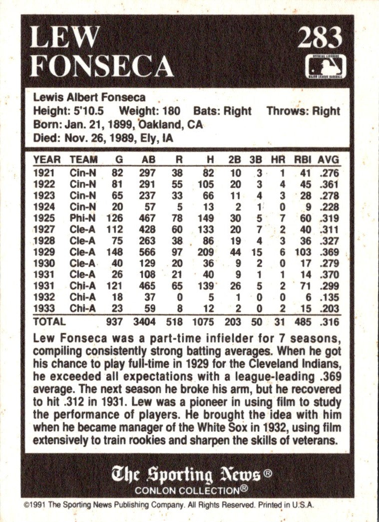1991 Conlon Collection TSN Lew Fonseca