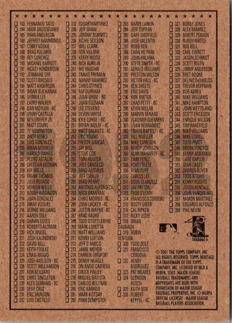 2001 Topps Heritage Checklists Checklist Checklist (#1-359) #1