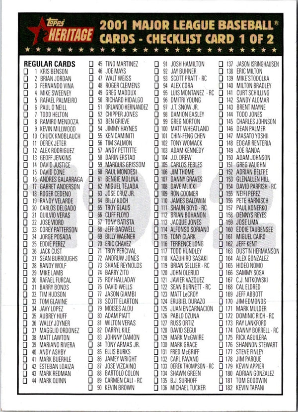 2001 Topps Heritage Checklists Checklist Checklist (#1-359) #1