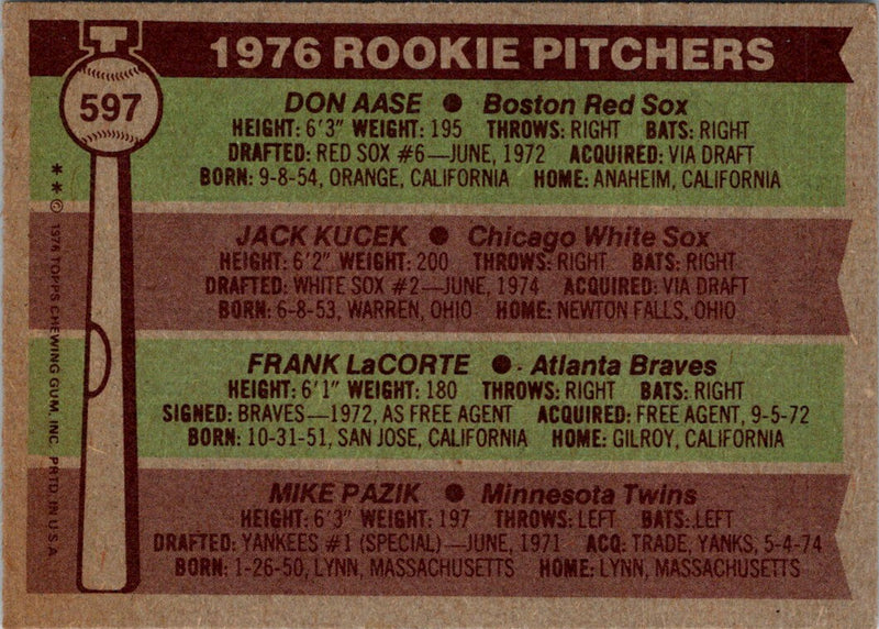 1976 Topps Rookie Pitchers - Don Aase/Jack Kucek/Frank LaCorte/Mike Pazik