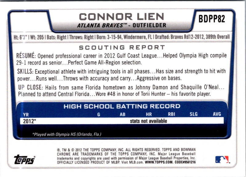 2012 Bowman Draft Picks & Prospects Chrome Connor Lien