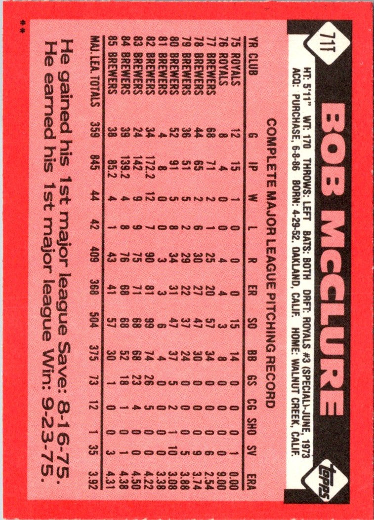 1986 Topps Traded Bob McClure