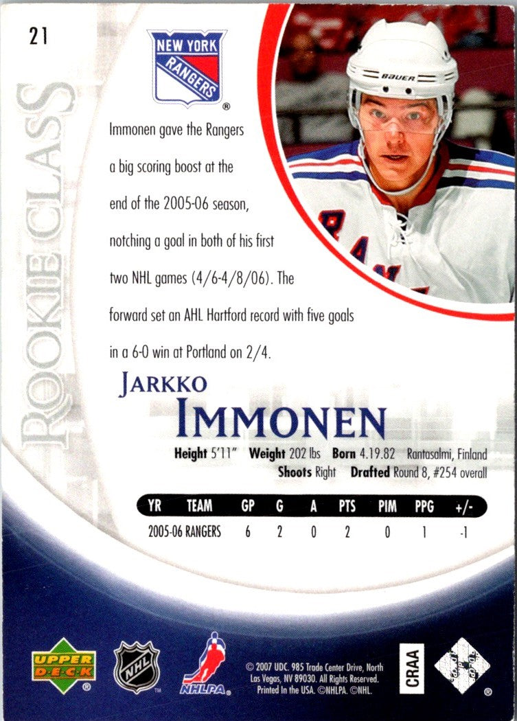 2006 Upper Deck Rookie Class Box Set Jarkko Immonen