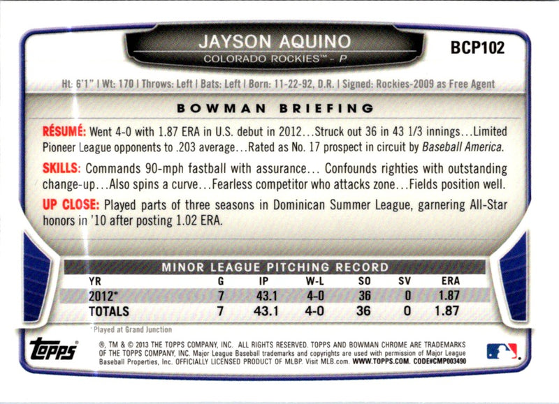 2013 Bowman Chrome Prospects Jayson Aquino