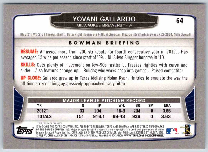 2013 Bowman Yovani Gallardo