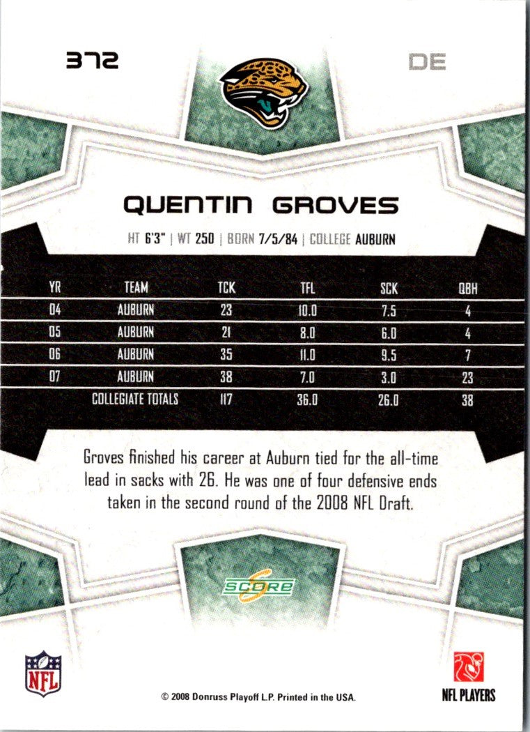 2008 Score Super Bowl XLIII Quentin Groves