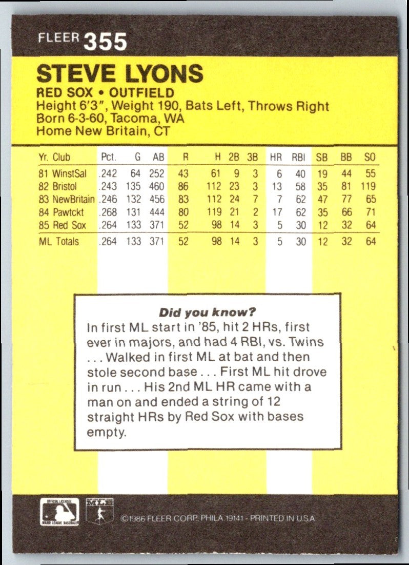 1986 Fleer Steve Lyons