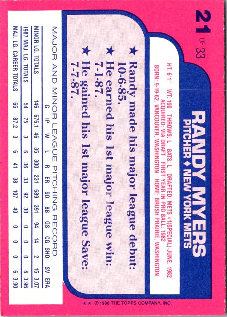 1988 Topps Toys'R'Us Rookies Randy Myers