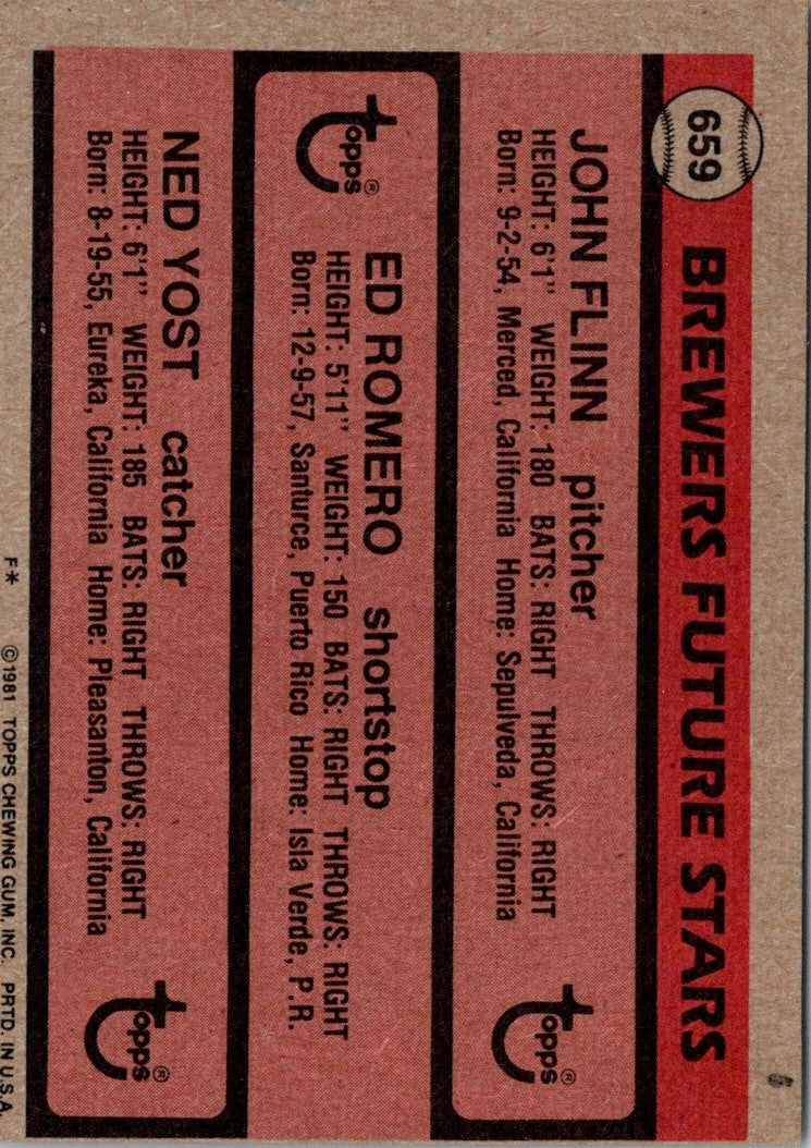 1981 Topps Brewers Future Stars - John Flinn/Ed Romero/Ned Yost