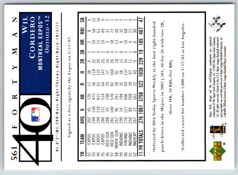 2003 Upper Deck 40-Man Wil Cordero