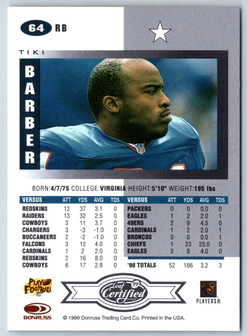 1999 Leaf Certified Tiki Barber