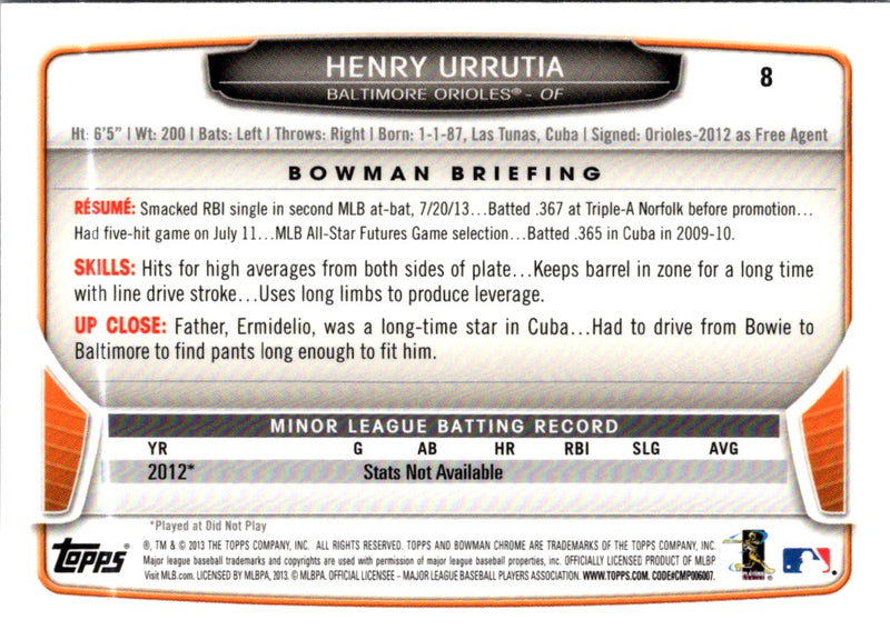 2013 Bowman Draft Picks & Prospects Chrome Henry Urrutia