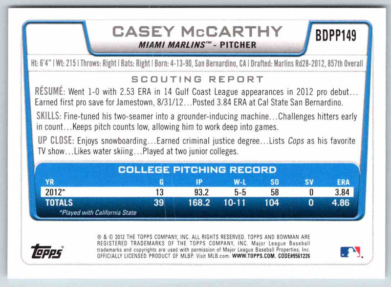 2012 Bowman Casey McCarthy