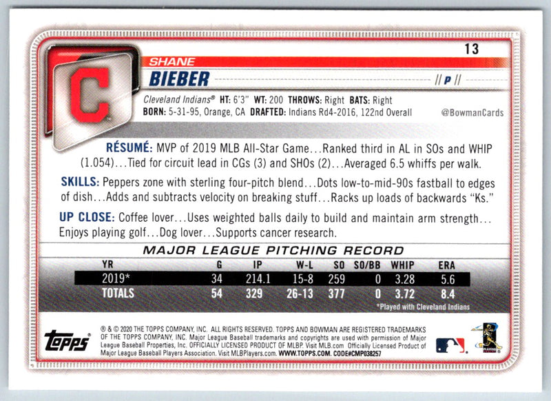 2020 Bowman Shane Bieber