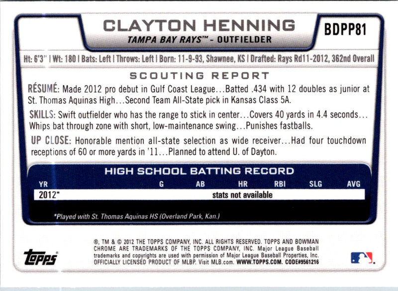 2012 Bowman Draft Picks & Prospects Chrome Clayton Henning